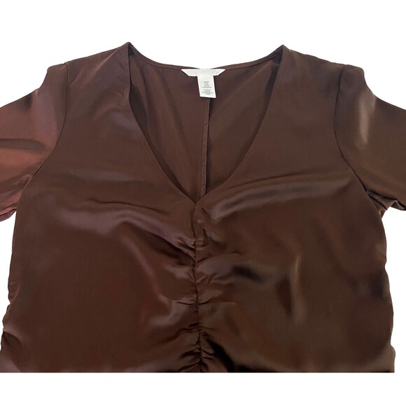 HM Satin Cinched Blouse Women's Medium Brown Trumpet Sleeves V-Neck Pullover - Picture 2 of 11